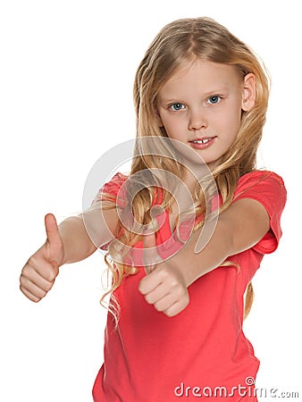 Pretty nordic girl holds her thumbs up Stock Photo