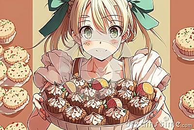 Pretty school girl holding a tray of Easter cupcakes, with mini chocolate eggs as toppings Easter illustration manga style Cartoon Illustration