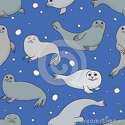 Pretty Seals seamless pattern. Vector Illustration