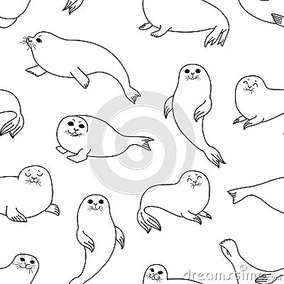 Pretty Seals seamless pattern. Vector marine background. Vector Illustration