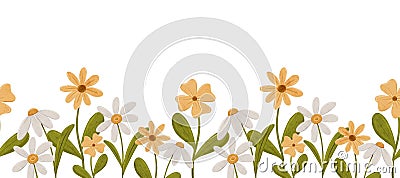 Pretty seamless border with simple daisy flowers. Chamomile in scandinavian style. Stylized tiny flowers, digital Cartoon Illustration