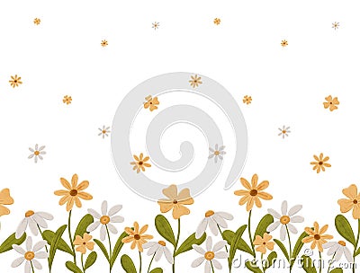 Pretty seamless border with simple daisy flowers. Coupon with Chamomile in scandinavian style. Stylized tiny flowers Cartoon Illustration