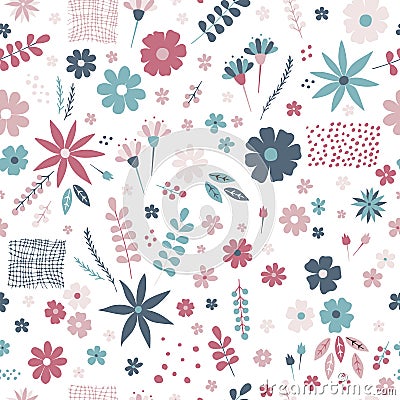Pretty seamless pattern with flowers, leaves, berries and doodle elements. Vector illustration. Print for fabric and textile Vector Illustration