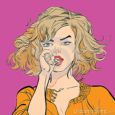 A pretty women looking worriedly. Pretty young women. Glamour blonde girl. Cute woman thinking about something. Vector Illustration