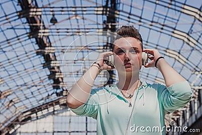 Pretty short hair girl in an abandoned factory Stock Photo