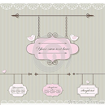 Pretty signboard set with lace and birds. Vector Illustration