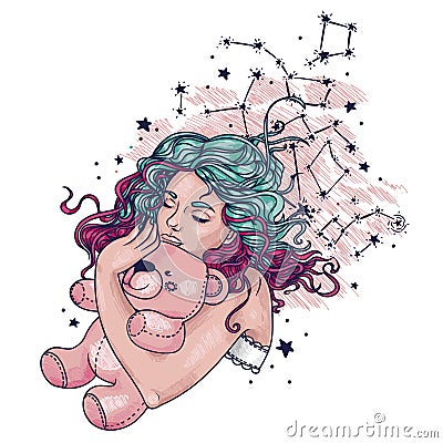 Pretty sleeping gilr with pink teddy bear and long curly colorful hair, Vector Illustration