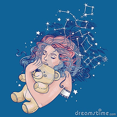 pretty sleeping gilr with pink teddy bear and long curly colorful hair Vector Illustration