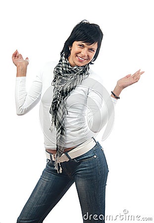Pretty slim woman in jeans, blouse and scarf Stock Photo