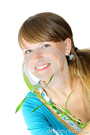 Pretty smiling girl with a bamboo Stock Photo