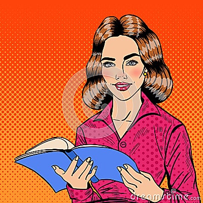 Pretty Smiling Pop Art Young Woman Reading Book Vector Illustration