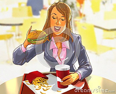 Pretty smiling woman eating a hamburger Stock Photo