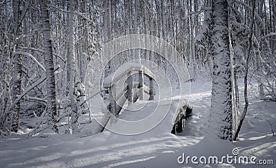 Pretty snow covered arched bridge over a stream Stock Photo