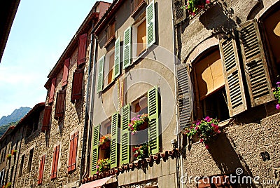 A pretty street in the pretty walled town of Villfranche de Conflent Stock Photo