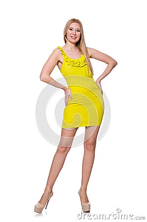 Pretty tall woman in short yellow dress isolated Stock Photo