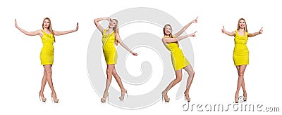 Pretty tall woman in short yellow dress isolated on white Stock Photo