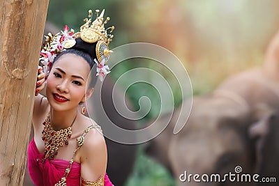 Pretty thai girls in traditional thai costumes Stock Photo