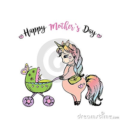 Pretty unicorn with baby carriage Vector Illustration