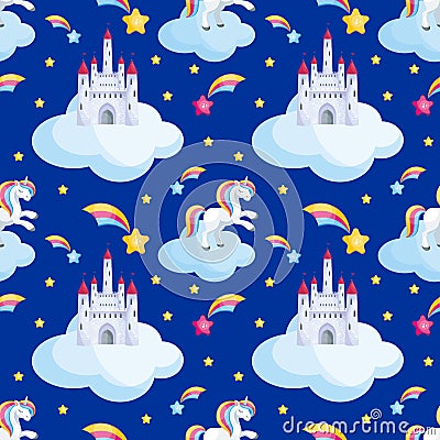 Pretty unicorn and castle seamless pattern Vector Illustration