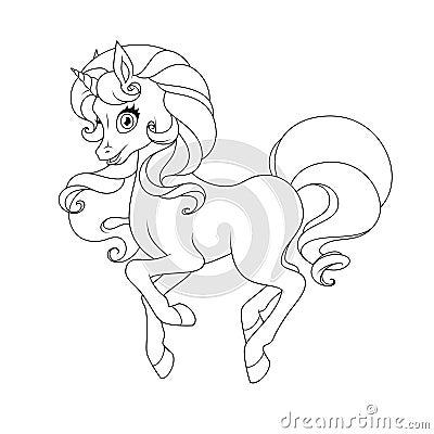 Pretty unicorn with curly mane and tail. Coloring page vector illustration. Vector Illustration