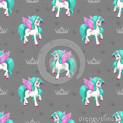 Pretty unicorn. Seamless pattern for girls with cute cartoon little horses. Vector Illustration