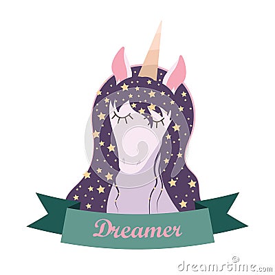 Pretty unicorn with starry mane Vector Illustration