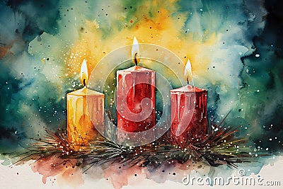 Pretty vibrant Watercolour style candle christmas scene Stock Photo