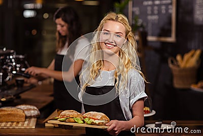 Pretty waitress holding a tray with sandwiches Stock Photo