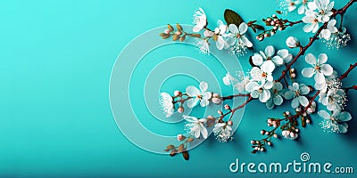 Pretty white cherry blossom branches over turquoise colorful background. Cartoon Illustration