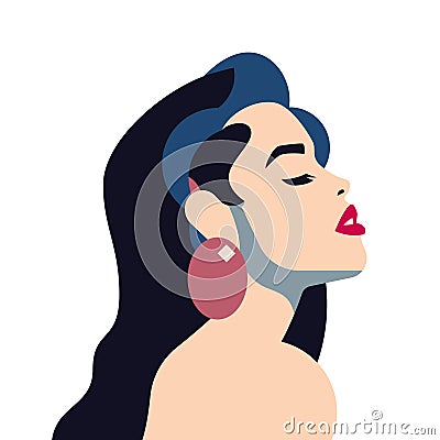 Pretty woman abstract pop art avatar elegant fashion vogue brunette lady naked shoulders vector flat Vector Illustration