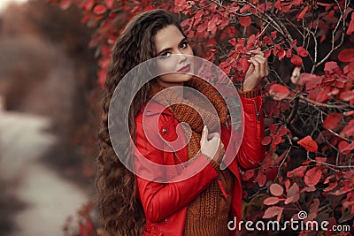 Pretty Woman autumn outdoor portrait. Young beautiful brunette i Stock Photo