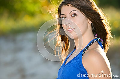 Pretty woman in blue dress Stock Photo