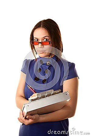 Pretty Woman in Blue Dress with Clipboard Stock Photo