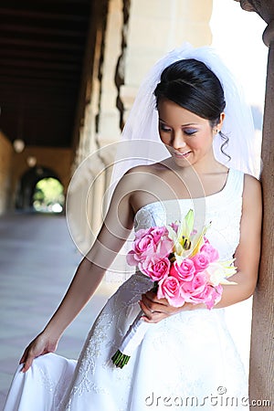 Pretty Woman Bride at Church Stock Photo