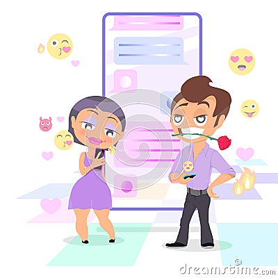 Pretty woman is chatting with handsome man with smartphone. Dating and virtual relationship concept. Chat bubbles and Vector Illustration