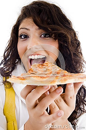 Pretty woman eating delicious pizza Stock Photo