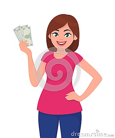 Pretty woman holding cash/money/currency notes in hand. Business and finance concept illustration in vector cartoon. Vector Illustration
