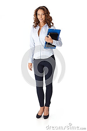 Pretty woman holding folders smiling Stock Photo