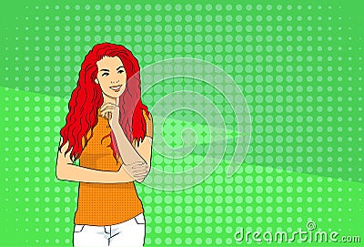 Pretty Woman Look To Copy Space Smile Pop Art Colorful Retro Style Vector Illustration