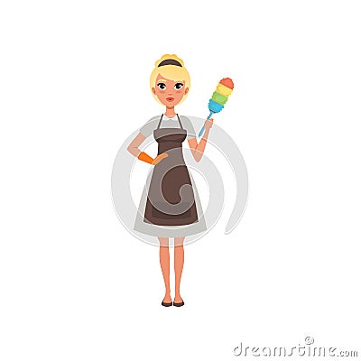 Pretty woman maid holding colorful dust brush. Hotel cleaning service. Cartoon blond girl character wearing dress, apron Vector Illustration