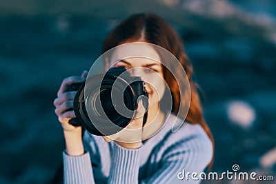pretty woman photographer nature rocky mountains close up professional Stock Photo