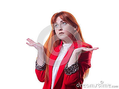 Pretty woman in red jacket holding her hands out saying that she does not know Stock Photo