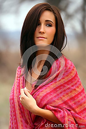 Pretty Woman in Red Shawl Stock Photo