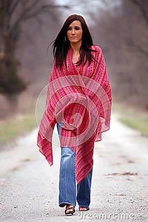 Pretty Woman in Red Shawl Stock Photo