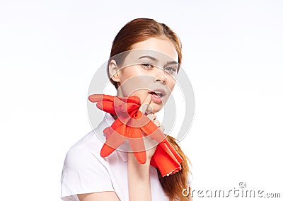 pretty woman rubber gloves house cleaning light background Stock Photo