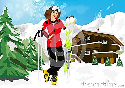 Pretty woman skier in mountain resort Vector Illustration