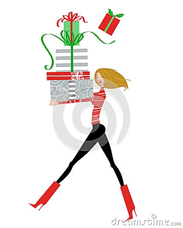 Pretty Young Woman With an Armload of Christmas Presents Stock Photo