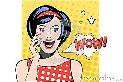 Pretty woman with surprised face expression. White speech bubble with word WOW . Lady with open mouth. Emotional girl Vector Illustration