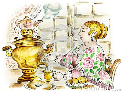 Pretty woman at tea table with samovar Cartoon Illustration
