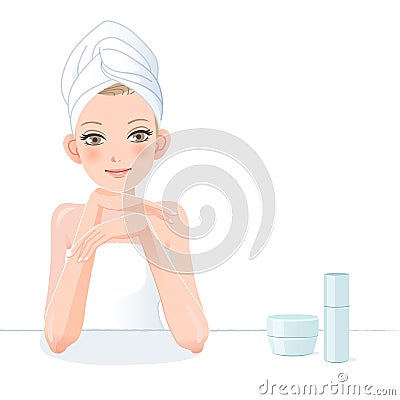 Pretty woman in towel smiling with skincare cosmetics Vector Illustration